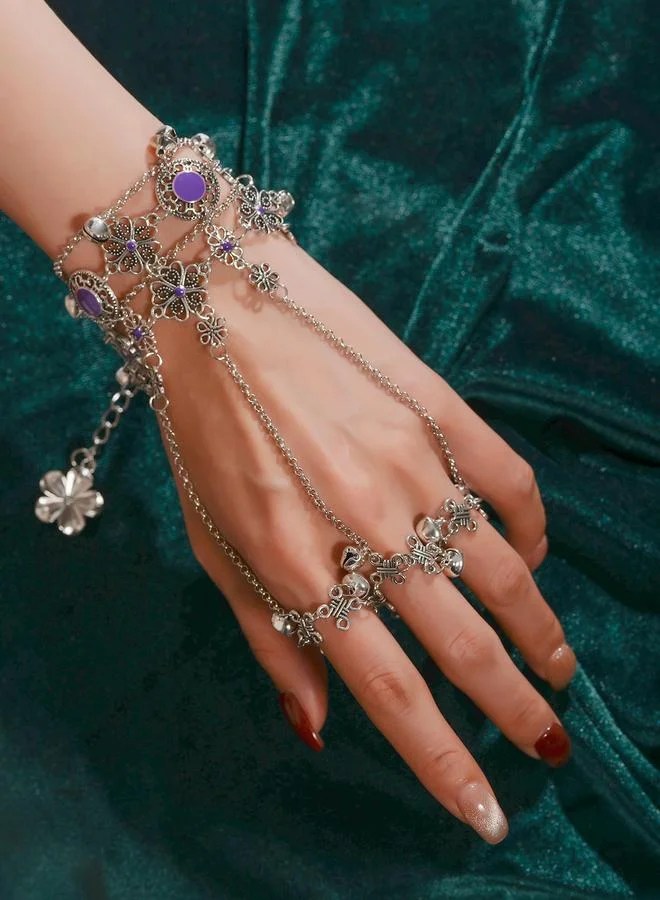 Silver Tone Purple Floral Accents and Bells Hand Chain Bracelet