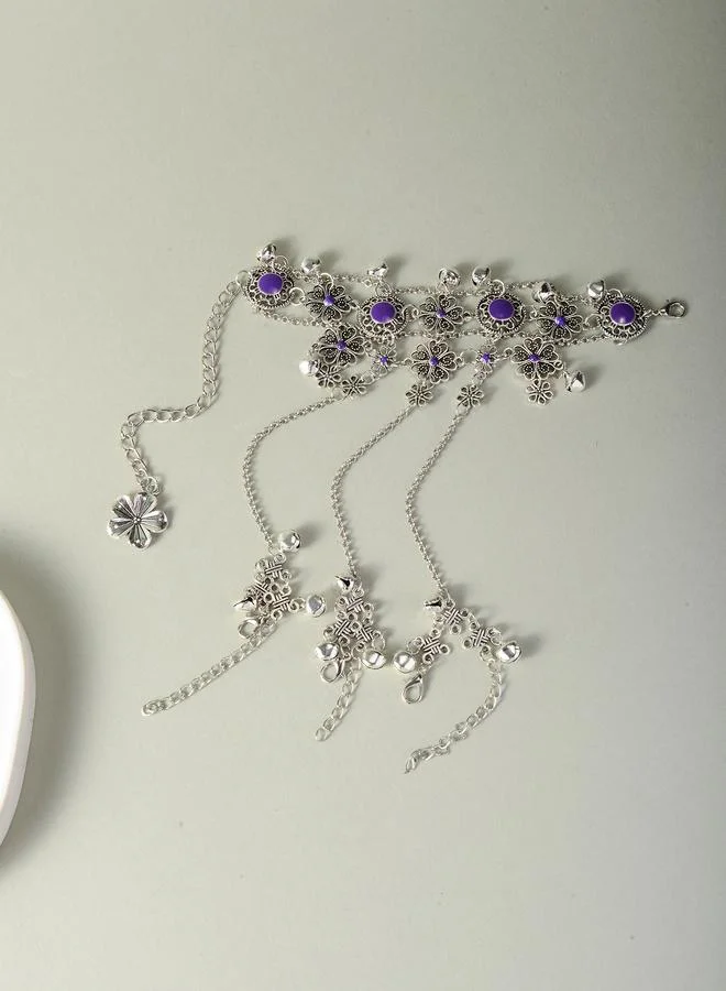Take Two  Silver Tone Purple Floral Accents and Bells Hand Chain Bracelet for Women | Best Price UAE