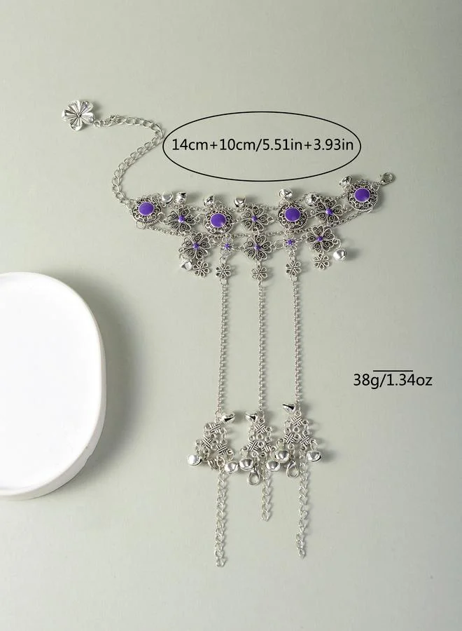 Take Two  Silver Tone Purple Floral Accents and Bells Hand Chain Bracelet for Women | Best Price UAE