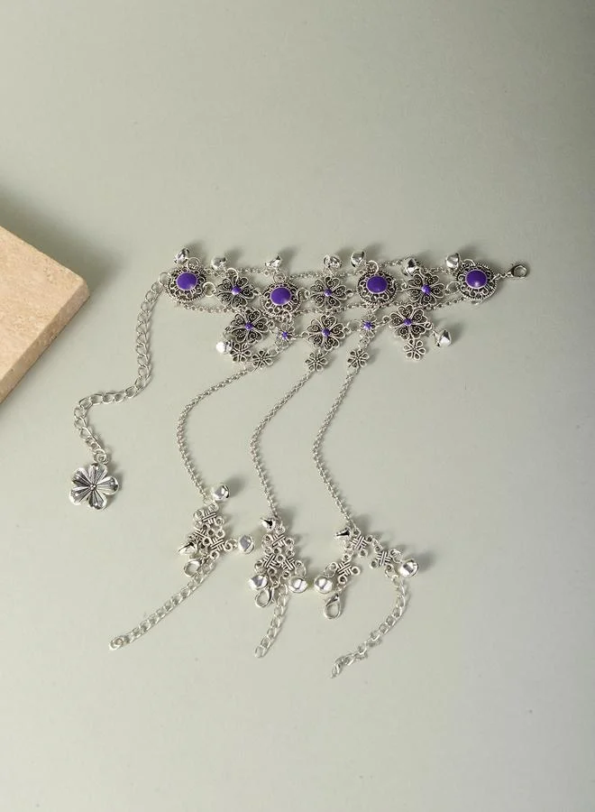 Take Two  Silver Tone Purple Floral Accents and Bells Hand Chain Bracelet for Women | Best Price UAE