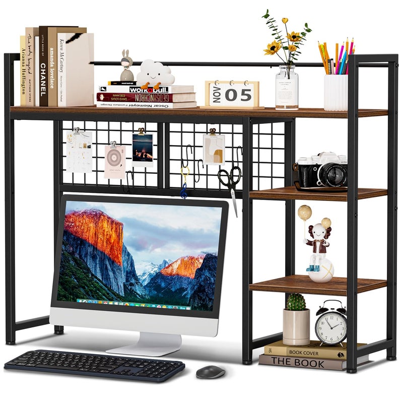 Snughome Desk Shelf, 38.6" Desktop Organizer Shelf, Desk Hutch for Computer Monitor, 4 Tier Desk Display Rack with Pegboard Hooks Set, Wood Desktop Bookshelf for Home Office Dorm - Image 1