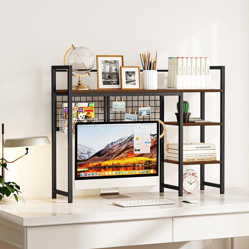 Snughome Desk Shelf, 38.6" Desktop Organizer Shelf, Desk Hutch for Computer Monitor, 4 Tier Desk Display Rack with Pegboard Hooks Set, Wood Desktop Bookshelf for Home Office Dorm - Image 2