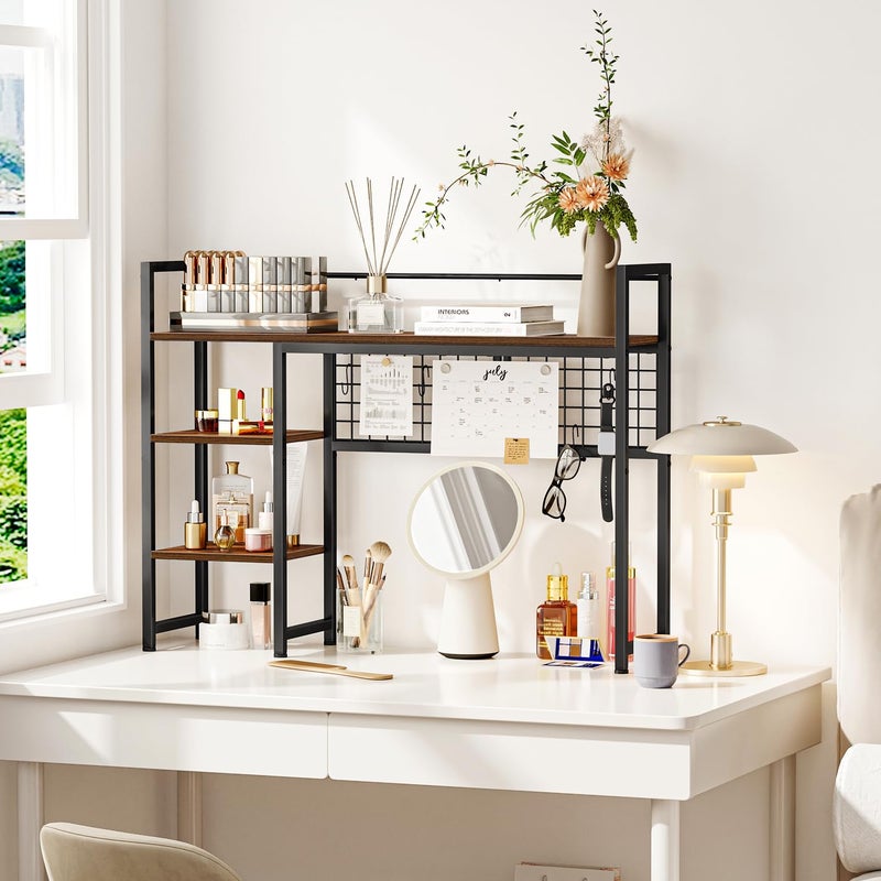 Snughome Desk Shelf, 38.6" Desktop Organizer Shelf, Desk Hutch for Computer Monitor, 4 Tier Desk Display Rack with Pegboard Hooks Set, Wood Desktop Bookshelf for Home Office Dorm - Image 5