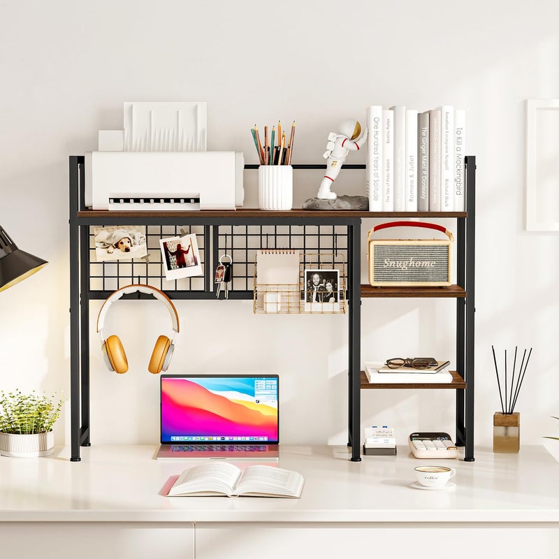 Snughome Desk Shelf, 38.6" Desktop Organizer Shelf, Desk Hutch for Computer Monitor, 4 Tier Desk Display Rack with Pegboard Hooks Set, Wood Desktop Bookshelf for Home Office Dorm - Image 3