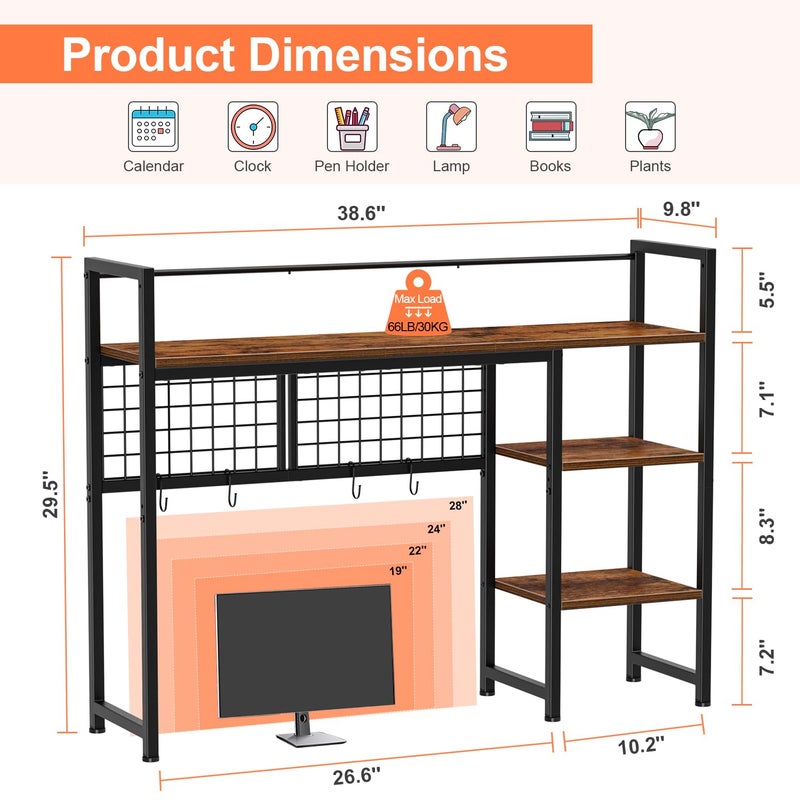 Snughome Desk Shelf, 38.6" Desktop Organizer Shelf, Desk Hutch for Computer Monitor, 4 Tier Desk Display Rack with Pegboard Hooks Set, Wood Desktop Bookshelf for Home Office Dorm - Image 4