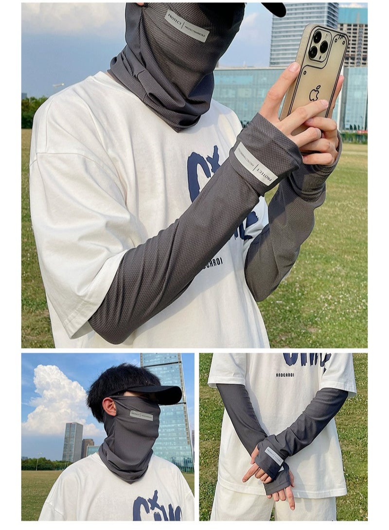 Protect UPF 50+ Sun Protection Set for Men and Women - Cool Ice Silk Sleeves and Mask with Thumb Holes, UV Protection, Compression UV Cooling Sunscreen, Elastic Sweat Wicking, Loose Fit, Suitable for Outdoor Running, Cycling, Fishing, Golf (Black) - Image 3