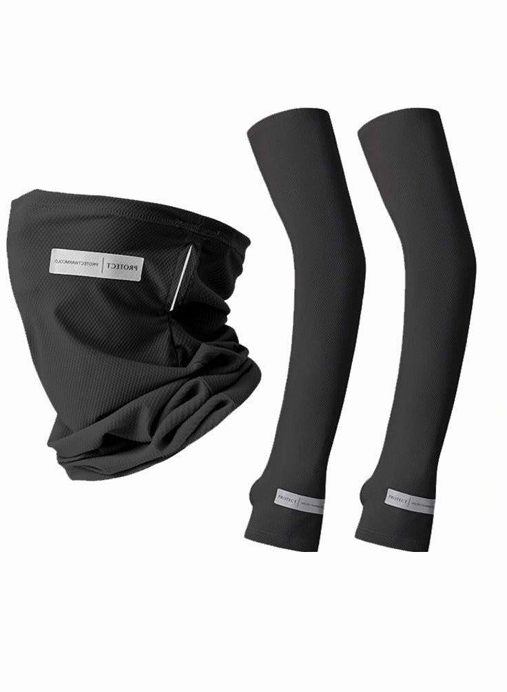 Protect UPF 50+ Sun Protection Set for Men and Women - Cool Ice Silk Sleeves and Mask with Thumb Holes, UV Protection, Compression UV Cooling Sunscreen, Elastic Sweat Wicking, Loose Fit, Suitable for Outdoor Running, Cycling, Fishing, Golf (Black) - Image 1