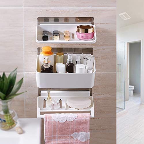 EMNDR Plastic 3 Layer Bathroom Cosmetic Organizer with Towel Rail Shelves Storage Rack (White) - Image 1