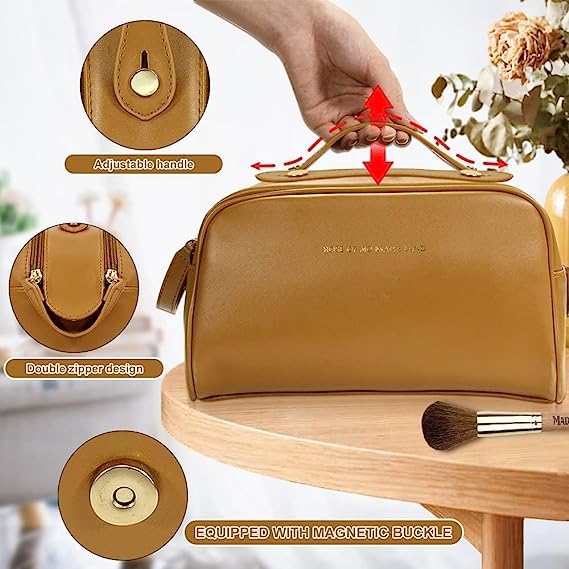 Raggle Double Chain Travel Makeup Bag Large Capacity Cosmetic Bag with Compartment Waterproof PU Leather Makeup Bag for Women and Girl Double Chain Brown - Image 5