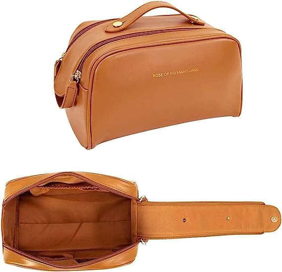Raggle Double Chain Travel Makeup Bag Large Capacity Cosmetic Bag with Compartment Waterproof PU Leather Makeup Bag for Women and Girl Double Chain Brown - Image 1