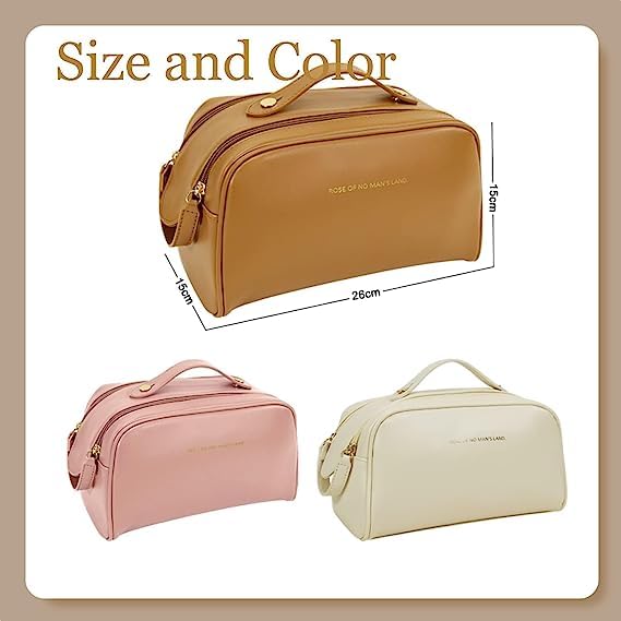 Raggle Double Chain Travel Makeup Bag Large Capacity Cosmetic Bag with Compartment Waterproof PU Leather Makeup Bag for Women and Girl Double Chain Brown - Image 4