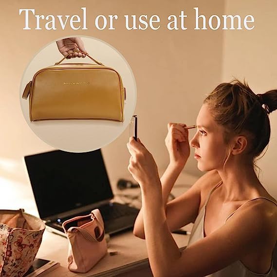 Raggle Double Chain Travel Makeup Bag Large Capacity Cosmetic Bag with Compartment Waterproof PU Leather Makeup Bag for Women and Girl Double Chain Brown - Image 3