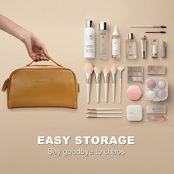 Raggle Double Chain Travel Makeup Bag Large Capacity Cosmetic Bag with Compartment Waterproof PU Leather Makeup Bag for Women and Girl Double Chain Brown - Image 2