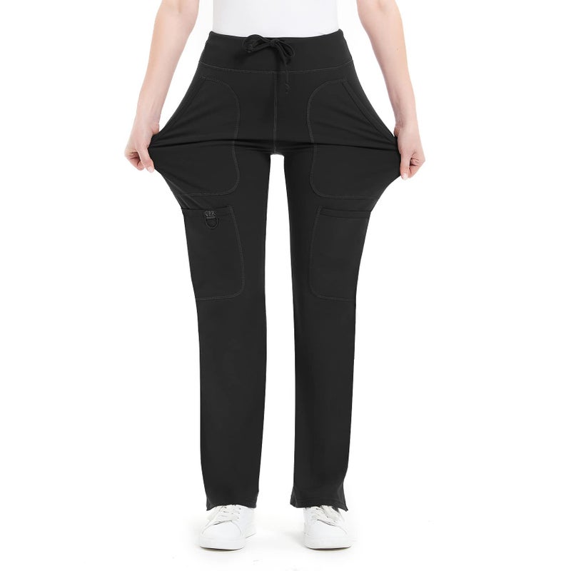 QBK Yoga Scrub Pants Women Mid Rise Yoga Work Pants- Five Pocket Cargo Scrub Pant (X-Large, Black-Tall) - Image 1