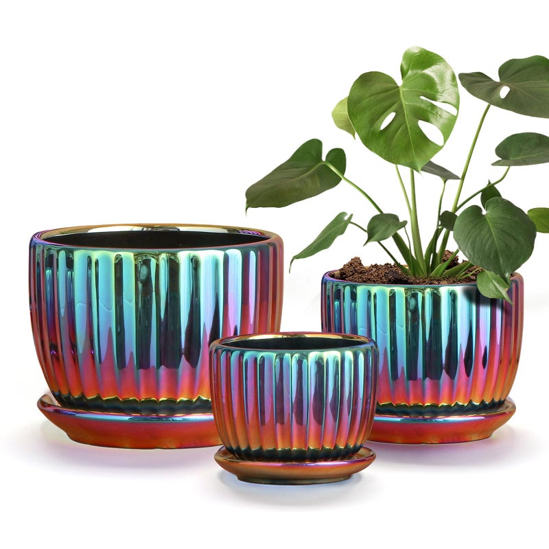Ton Sin Flower Pots, Purple Ceramic Plant Pots Set of 3,Small Glazed Succulent Pots with Drainage Hole,Cactus Planter with Saucer,Outdoor Garden Pots (Colorful Gold) - Image 1