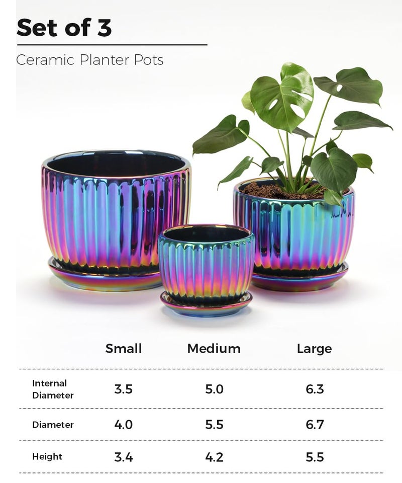 Ton Sin Flower Pots, Purple Ceramic Plant Pots Set of 3,Small Glazed Succulent Pots with Drainage Hole,Cactus Planter with Saucer,Outdoor Garden Pots (Colorful Gold) - Image 2
