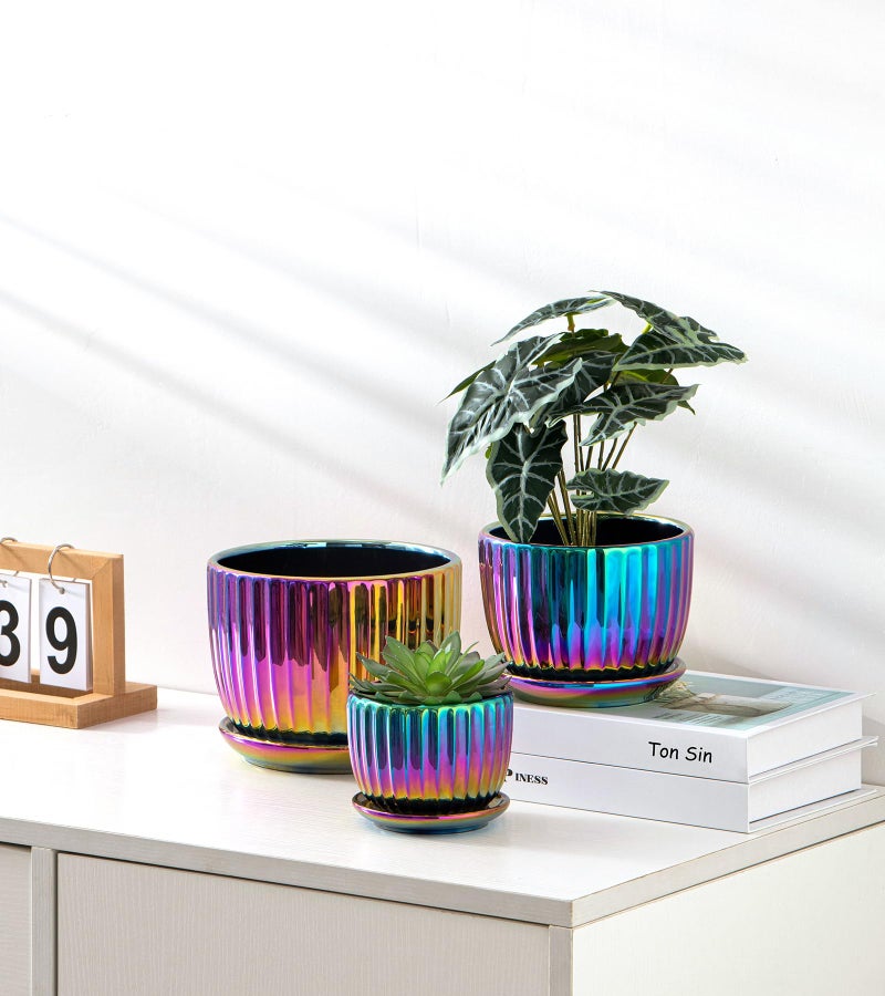 Ton Sin Flower Pots, Purple Ceramic Plant Pots Set of 3,Small Glazed Succulent Pots with Drainage Hole,Cactus Planter with Saucer,Outdoor Garden Pots (Colorful Gold) - Image 4