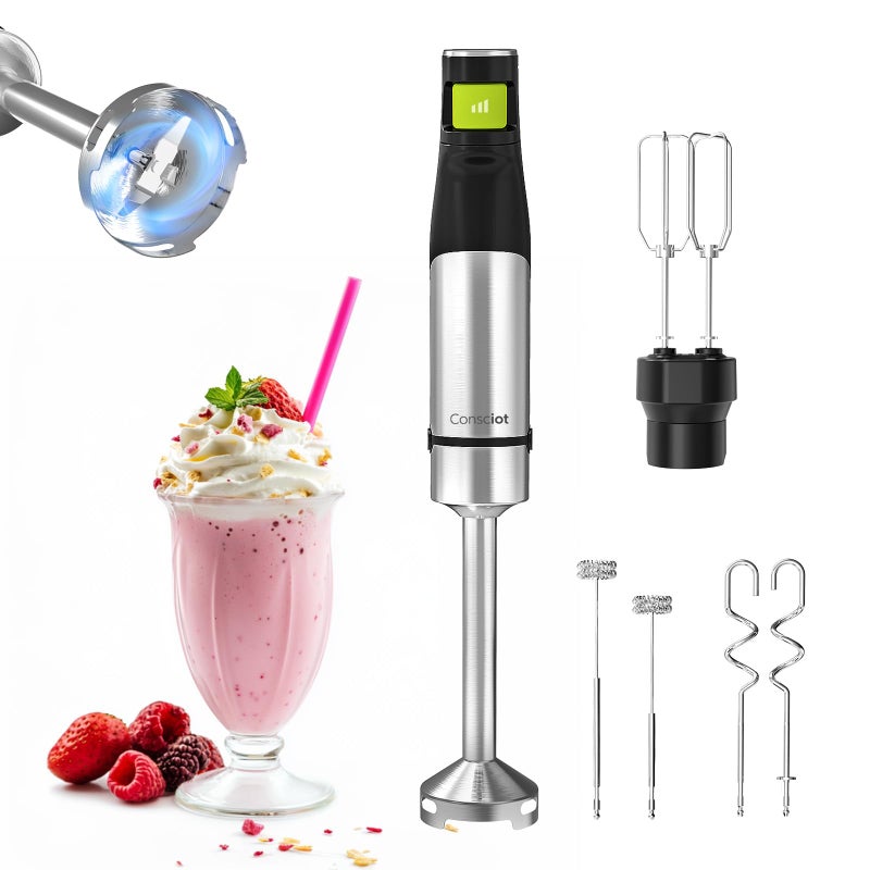 Consciot 4-in-1 Immersion Blender Handheld Max 1100W, Corded Stick Emulsifier with Entire Stainless Steel Blender Shaft, Trigger Speed Control, For Blending, Beating, Frothing, Mixing & More, Non-BPA - Image 1