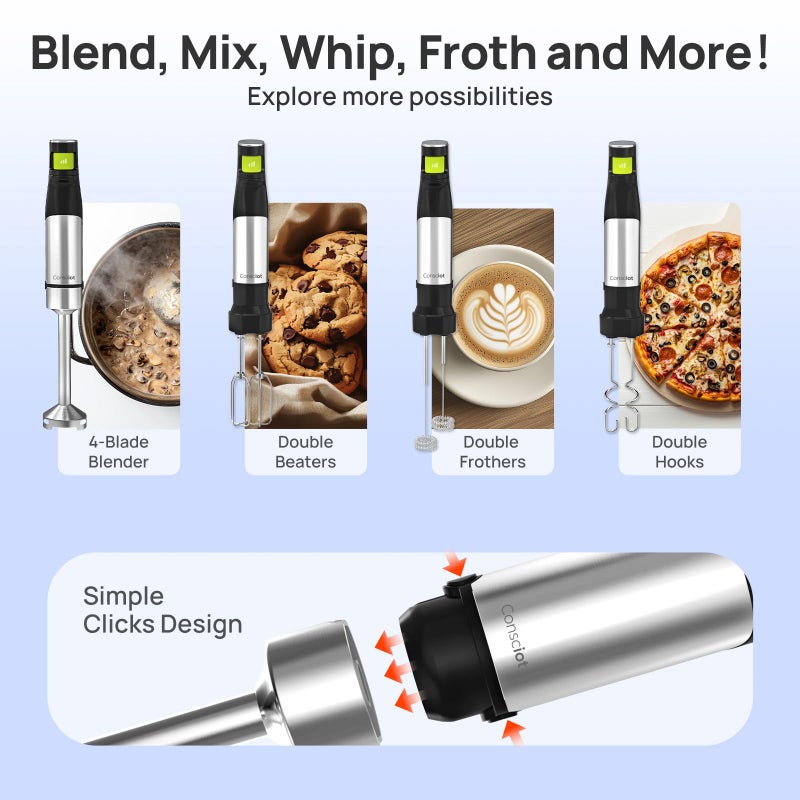 Consciot 4-in-1 Immersion Blender Handheld Max 1100W, Corded Stick Emulsifier with Entire Stainless Steel Blender Shaft, Trigger Speed Control, For Blending, Beating, Frothing, Mixing & More, Non-BPA - Image 4