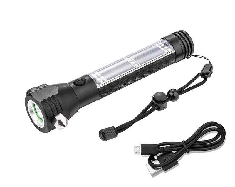 Tip&Top creation TipTop creation Solar LED Torch Light Long Beam Range 1km Rechargeable 7 Mode Emergency Tools for Car Seat Belt Cutter Window Breaker Hammer Red White Side Light Stop in Highway Road Use Black USB Cable - Image 1