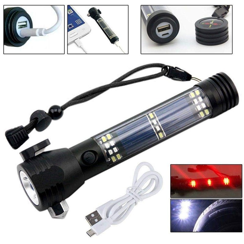 Tip&Top creation TipTop creation Solar LED Torch Light Long Beam Range 1km Rechargeable 7 Mode Emergency Tools for Car Seat Belt Cutter Window Breaker Hammer Red White Side Light Stop in Highway Road Use Black USB Cable - Image 2