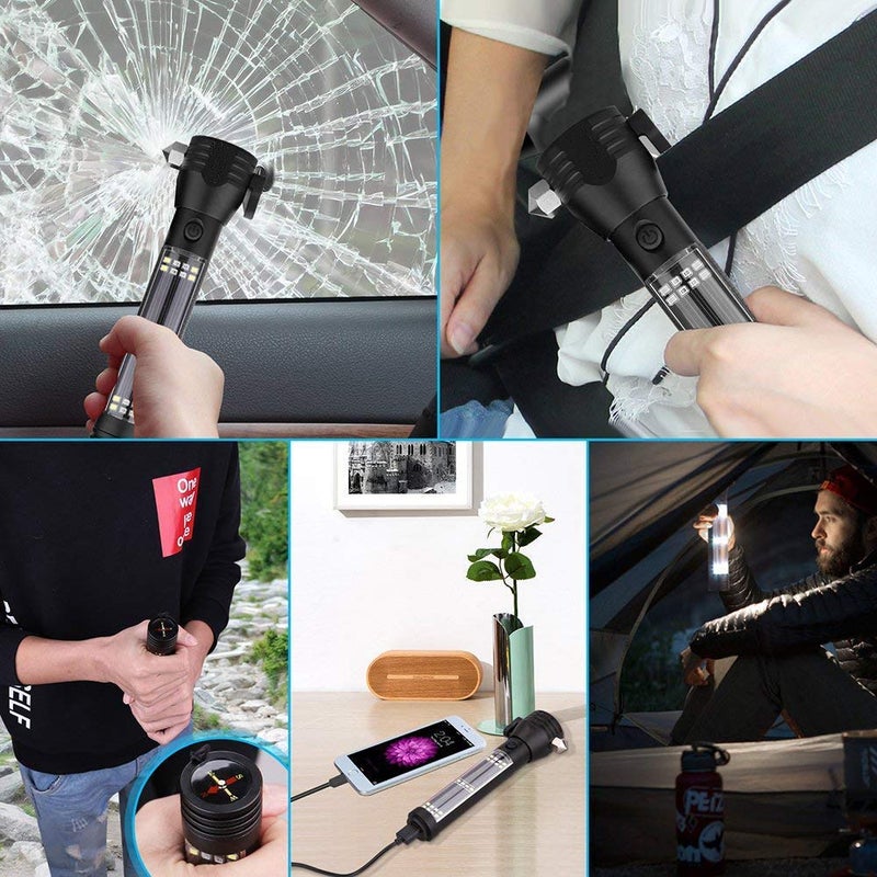 Tip&Top creation TipTop creation Solar LED Torch Light Long Beam Range 1km Rechargeable 7 Mode Emergency Tools for Car Seat Belt Cutter Window Breaker Hammer Red White Side Light Stop in Highway Road Use Black USB Cable - Image 5