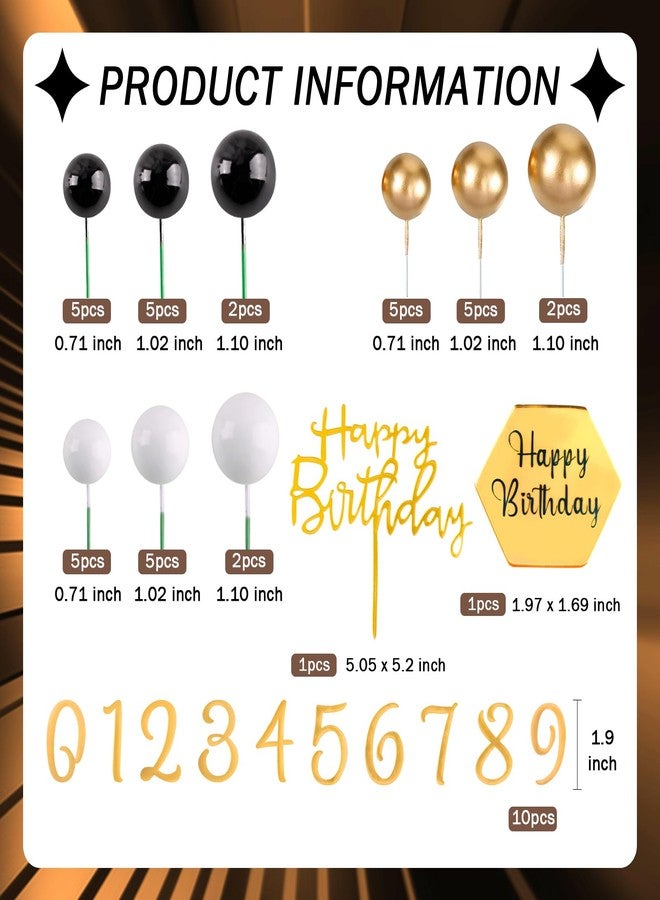 MEMOVAN Man Cake Topper 48PCS Balls Cake Toppers with Black Gold White Ball Happy Birthday and Numbers 0-9 Cake Insert Topper Black Gold Cake Decoration for Man Boy Black Theme Baby Shower Bday - Image 2