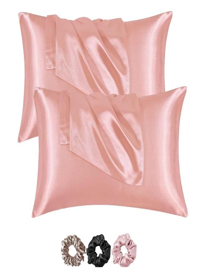 Filloxy Satin Silk Pillow Cover 2 Piece | 3 PC Multicolor Scrunchies | with Envelope Closure Design | Comfortable for Hair and Skin | Case Set - 18"x28" inches-(Pack of 2) (2.Rose Tapue) - Image 1
