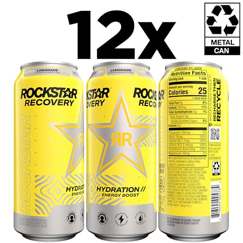 Rockstar Energy Drink with Caffeine Taurine and Electrolytes, Recovery Lemonade, 16oz (12 Pack) (Packaging May Vary) - Image 2