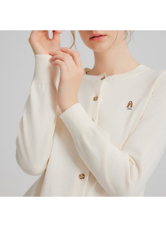 Hush Puppies Autumn And Winter Casual Commuting Dog Embroidery Round Neck Cardigan Soft And Cozy Preppy Style Sweater Coat - Image 5