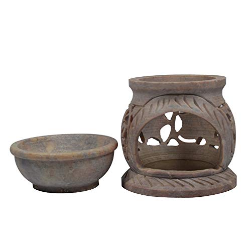 Pure Source India Handcrafted Soapstone Aroma Burner Oil Diffuser and 1 Tea Light Candle (Natural) (Natural) - Image 4