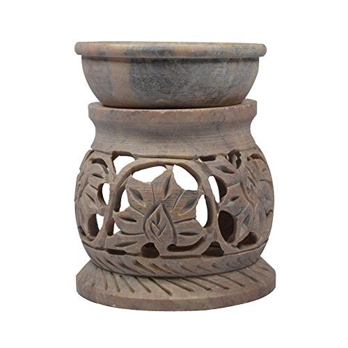 Pure Source India Handcrafted Soapstone Aroma Burner Oil Diffuser and 1 Tea Light Candle (Natural) (Natural) - Image 1