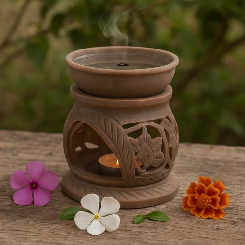 Pure Source India Handcrafted Soapstone Aroma Burner Oil Diffuser and 1 Tea Light Candle (Natural) (Natural) - Image 2
