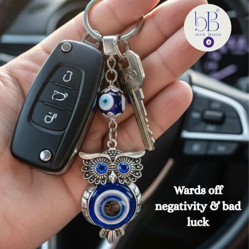 BLUE BEADS Blue and Silver Color Evil Eye Keychain For Bike/Car for Diwali Gift With Key Ring Anti-Rust (Pack Of 1) - Image 2