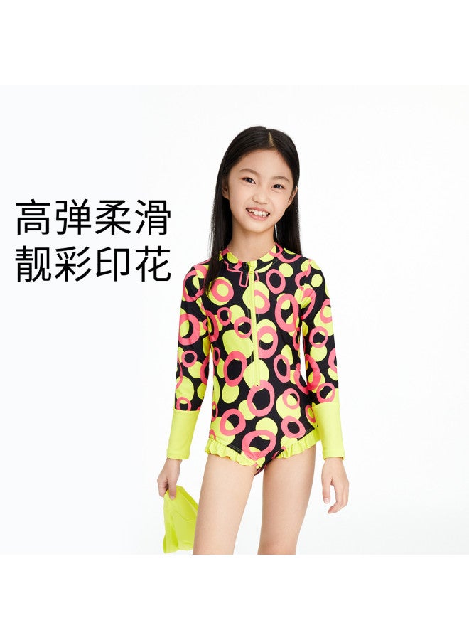 Annil Kids Girls' Summer Flounce Hem Color-block Print One-piece Swimsuit & Swim Cap 2-piece Set - Image 2