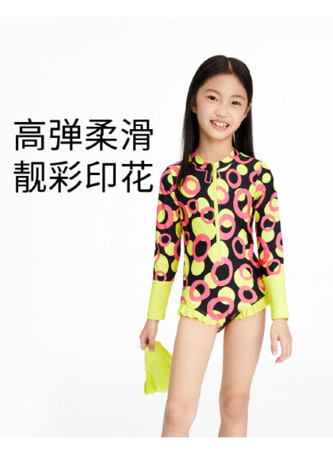 Annil Kids Girls' Summer Flounce Hem Color-block Print One-piece Swimsuit & Swim Cap 2-piece Set - Image 1