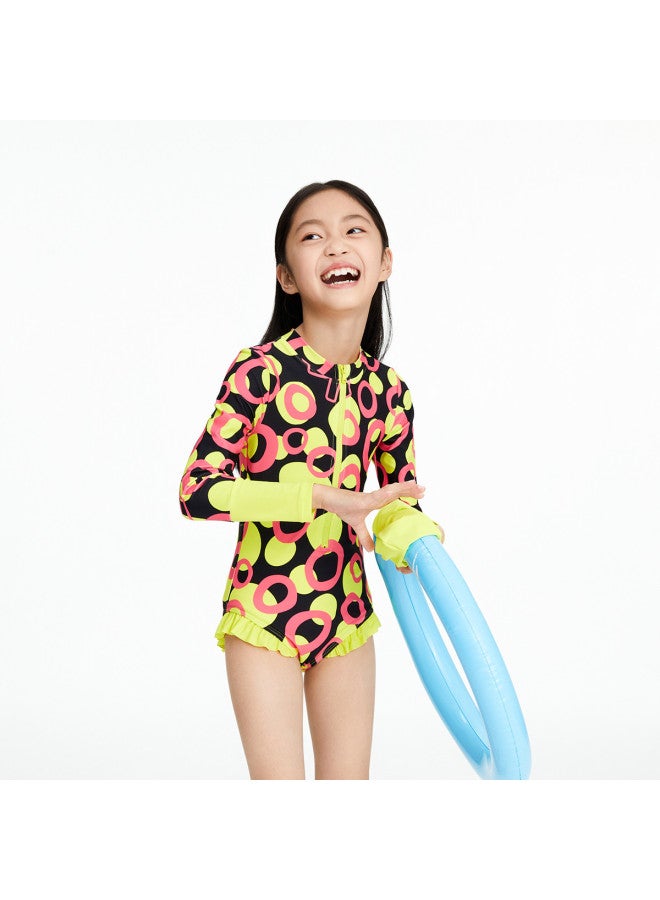 Annil Kids Girls' Summer Flounce Hem Color-block Print One-piece Swimsuit & Swim Cap 2-piece Set - Image 3