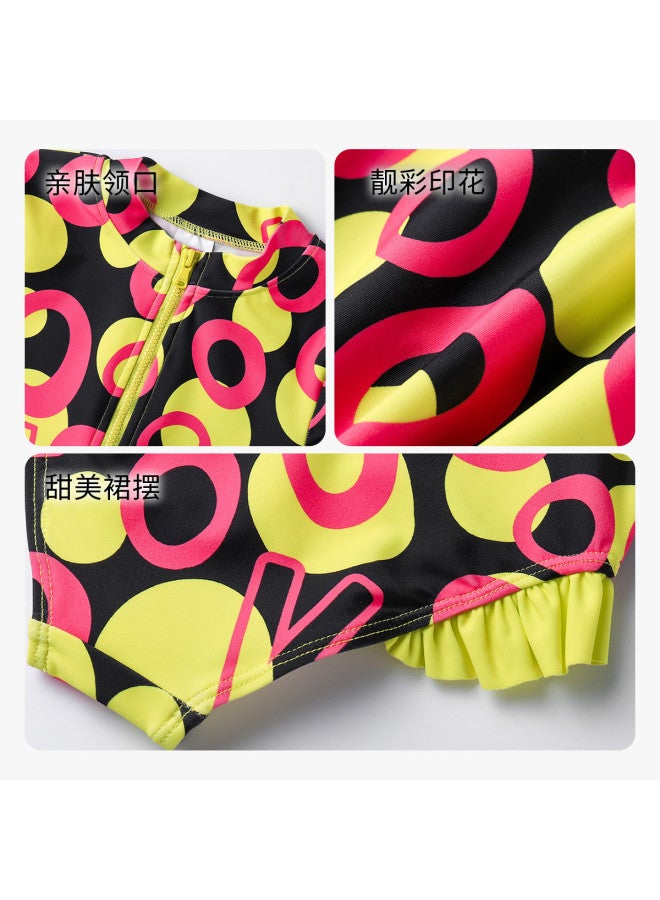Annil Kids Girls' Summer Flounce Hem Color-block Print One-piece Swimsuit & Swim Cap 2-piece Set - Image 4