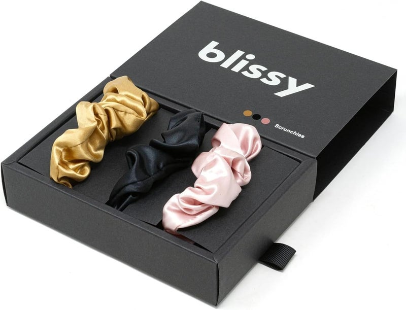 BLISSY Silk Scrunchies (3 Pack) - 100% Pure Mulberry Silk - 22 Momme 6A High-Grade Fibers - Silk Scrunchie for Straight & Curly Hair (Black/Gold/Pink, Skinny) - Image 1