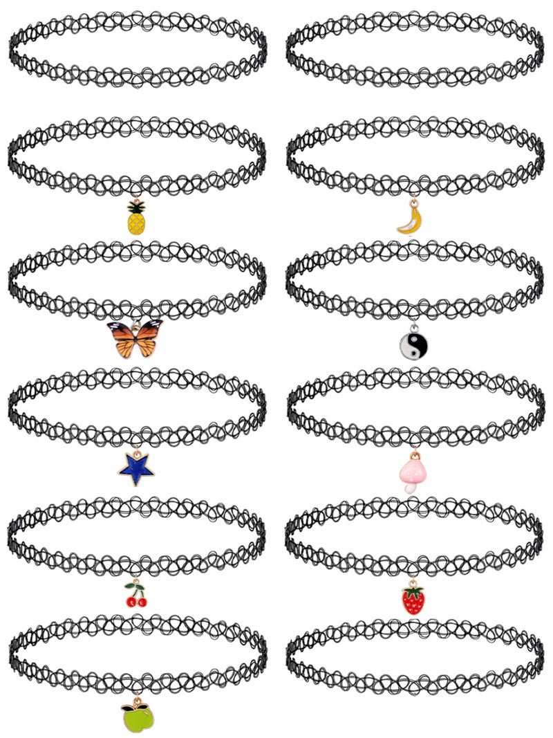 BodyJ4You 12PC Tattoo Choker Necklace for Women - 90s Choker Necklaces Y2K Fashion Trendy Vintage - Emo Butterfly Yin Yang Pendant Star Cherry Charm - Stretchy Elastic Chokers Neck Lace - Image 1