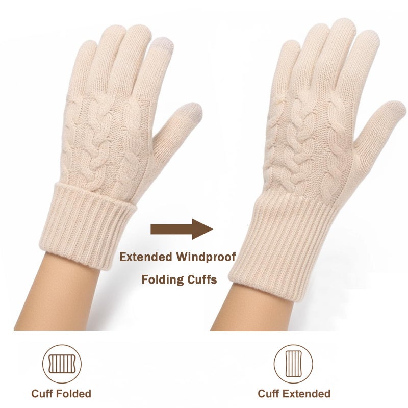 Leamekor Winter Warm Fleece Lined Gloves for Women, Thermal Wool Cable Knit Gloves for Cold Weather, Touchscreen Fingers Folding Cuffs (Beige, One Size) - Image 3