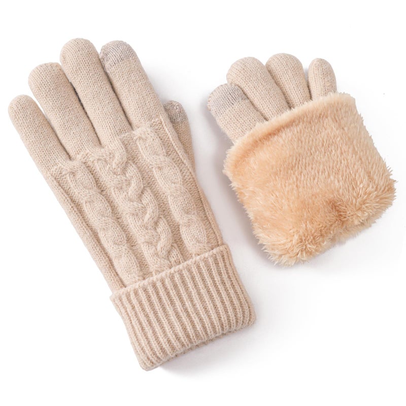 Leamekor Winter Warm Fleece Lined Gloves for Women, Thermal Wool Cable Knit Gloves for Cold Weather, Touchscreen Fingers Folding Cuffs (Beige, One Size) - Image 1
