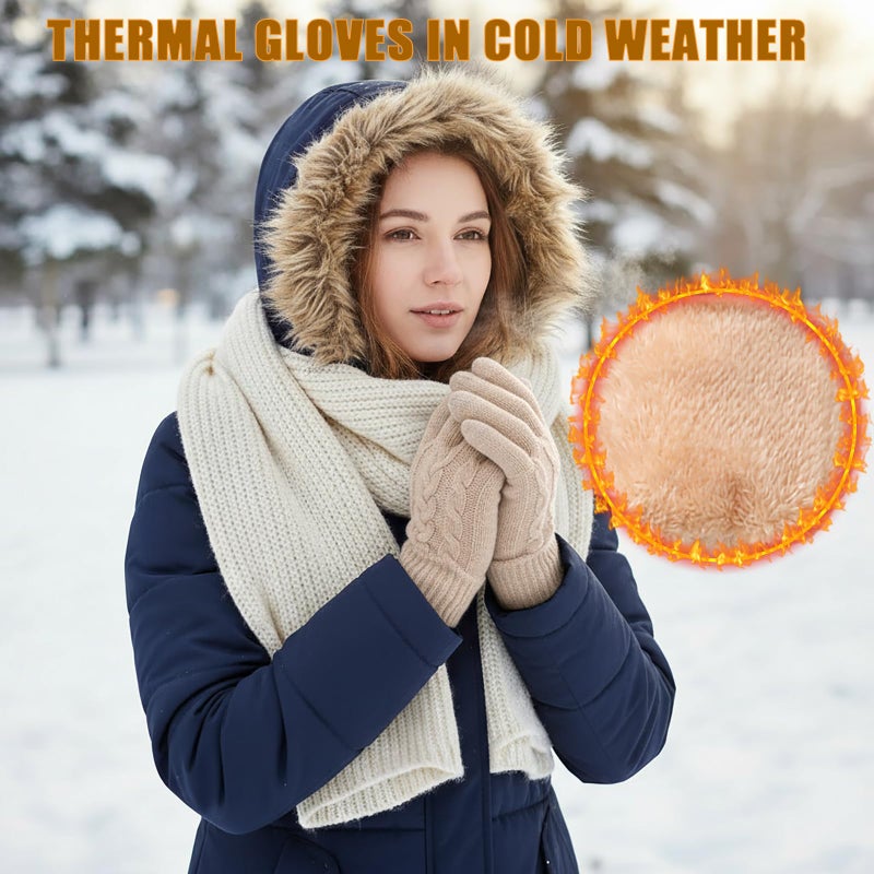 Leamekor Winter Warm Fleece Lined Gloves for Women, Thermal Wool Cable Knit Gloves for Cold Weather, Touchscreen Fingers Folding Cuffs (Beige, One Size) - Image 2