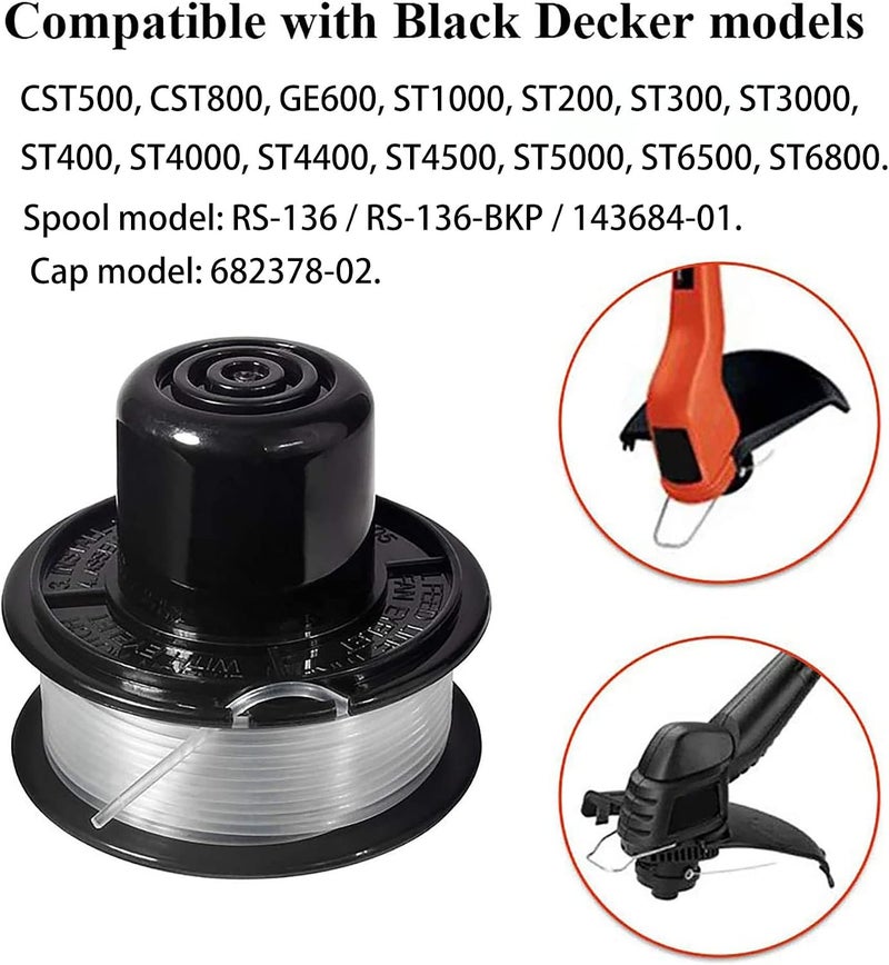 THTEN Weed Eater Spools Compatible with Black and Decker RS-136 ST4500 ST1000 ST4000 GE600 CST800 ST6800 String Trimmer Replacement Spool Line 20ft 0.065” Edger Refills Parts Auto-Feed (3 pcs Spools) - Image 4
