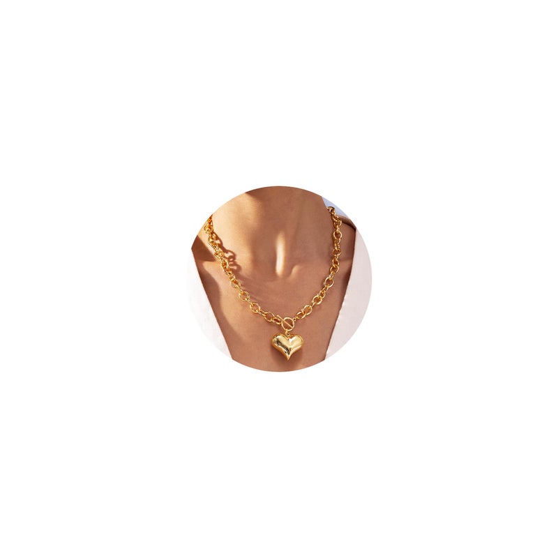 Robaice Chunky Gold Heart Necklace for Womenï¼Œ14K Gold Plated Puffy Heart Pendant Bold Chain Necklace with Toggle Claspï¼ŒWaterproof Non Tarnish Hypoallergenic Chunky Statement Jewelry Gift for Women - Image 1