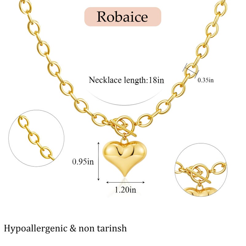 Robaice Chunky Gold Heart Necklace for Womenï¼Œ14K Gold Plated Puffy Heart Pendant Bold Chain Necklace with Toggle Claspï¼ŒWaterproof Non Tarnish Hypoallergenic Chunky Statement Jewelry Gift for Women - Image 4