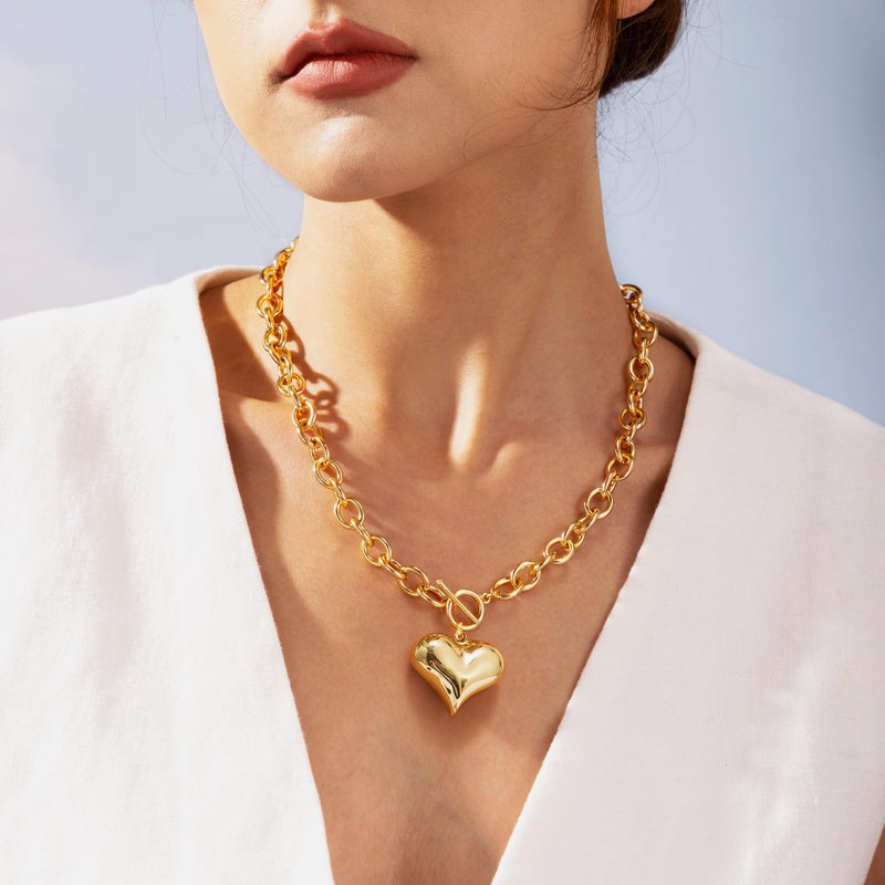 Robaice Chunky Gold Heart Necklace for Womenï¼Œ14K Gold Plated Puffy Heart Pendant Bold Chain Necklace with Toggle Claspï¼ŒWaterproof Non Tarnish Hypoallergenic Chunky Statement Jewelry Gift for Women - Image 5