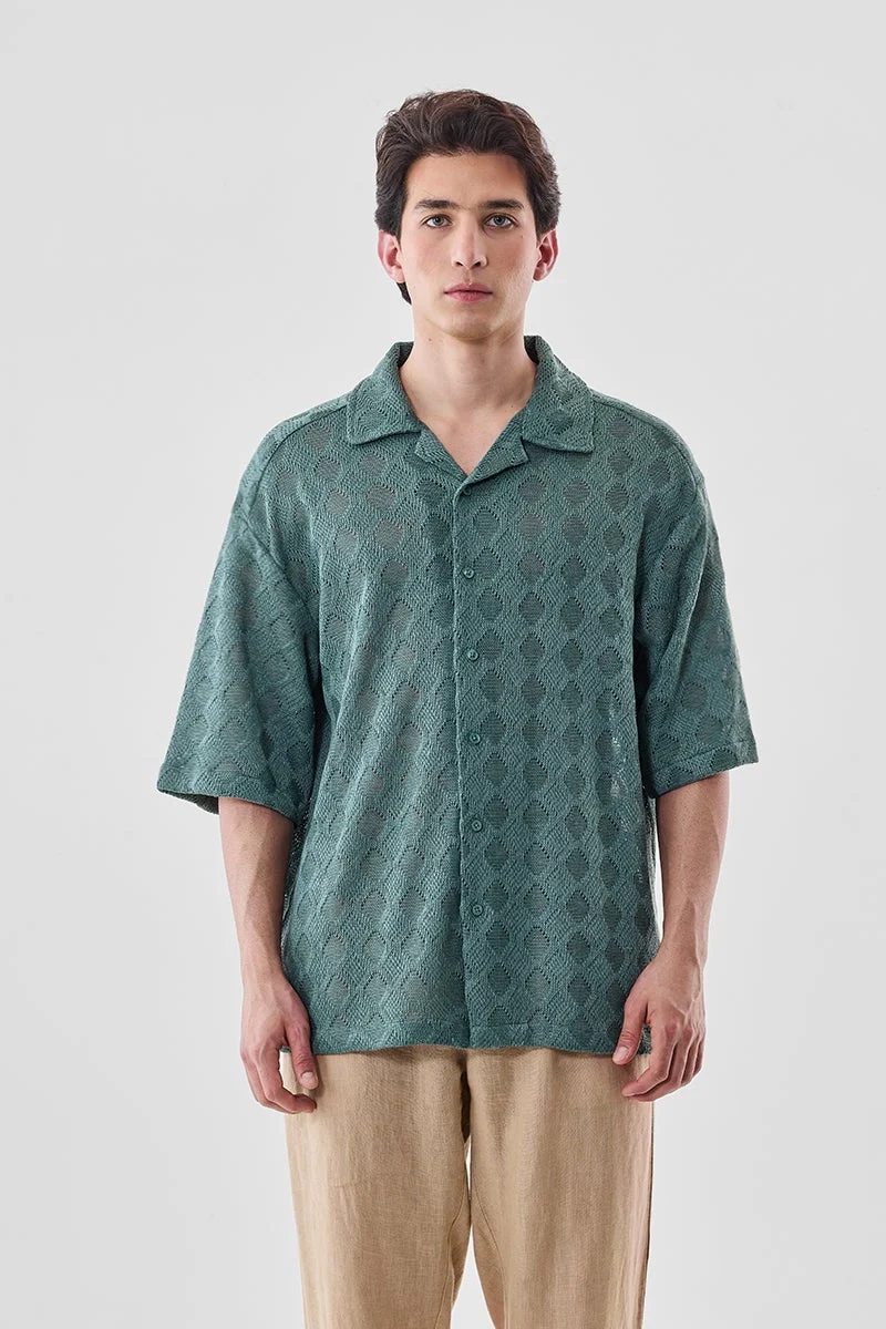 سنيتش Green Textured Half Sleeve Oversized Shirt