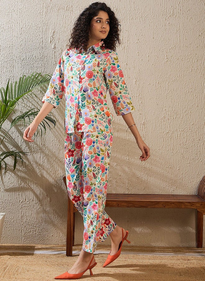 StyleStone قميص مزخرف بألوان زهرية مع طقم بنطلون من ستايل ستون - Image 4