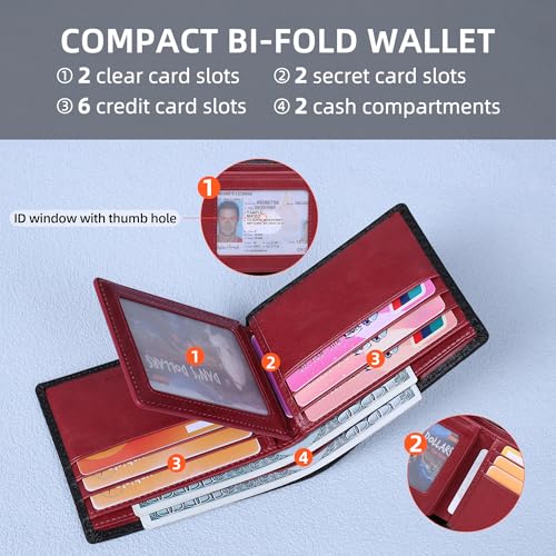 VISOUL Wallet for Men with 2 ID Windows 8 Credit Card Slots 2 Cash Compartments, Carbon Fiber Leather Bifold Mens Wallet with RFID Blocking (Carbon Fiber Black+Burgundy) - Image 2